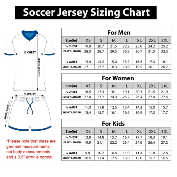 Custom Team Soccer Jerseys Sizing Chart
