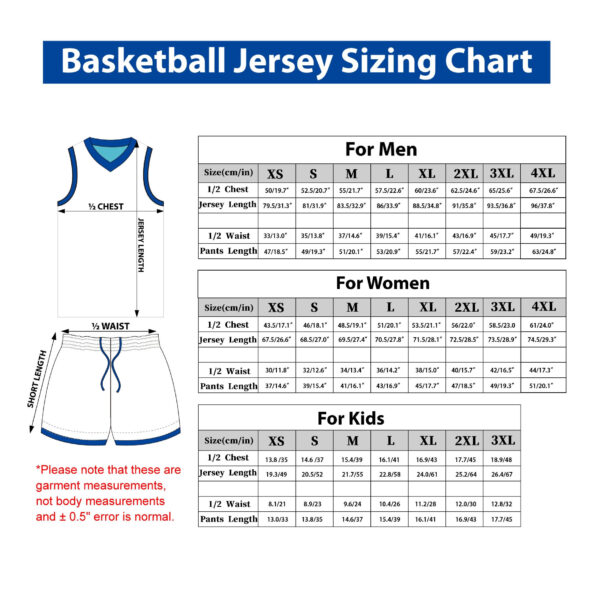 Custom Made Basketball Jerseys Size Chart