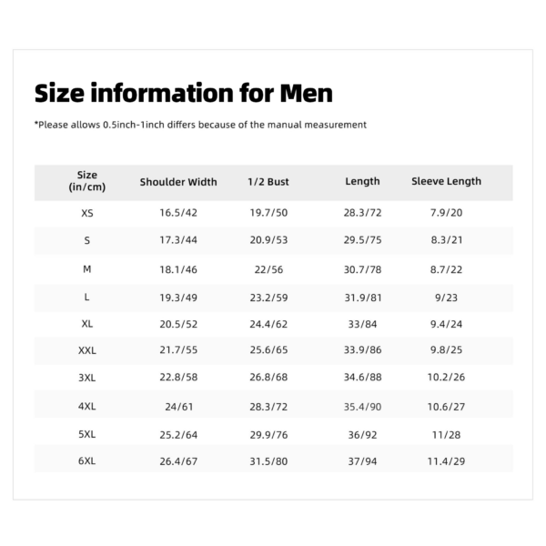 Custom T-shirts Size Chart for Men