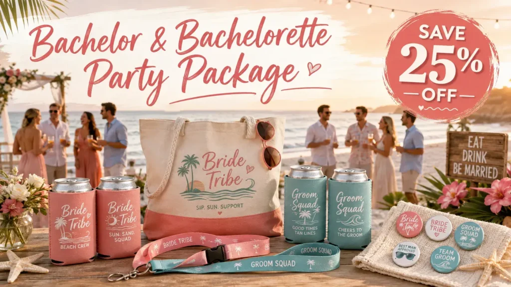 Bachelor and bachelorette party package with custom koozies, tote bag, lanyards and pins for a beach celebration, 25% off.