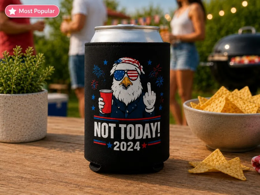 Custom 12oz slim can koozie with a tropical pool party design, shown beside a swimming pool for summer events and outdoor celebrations.