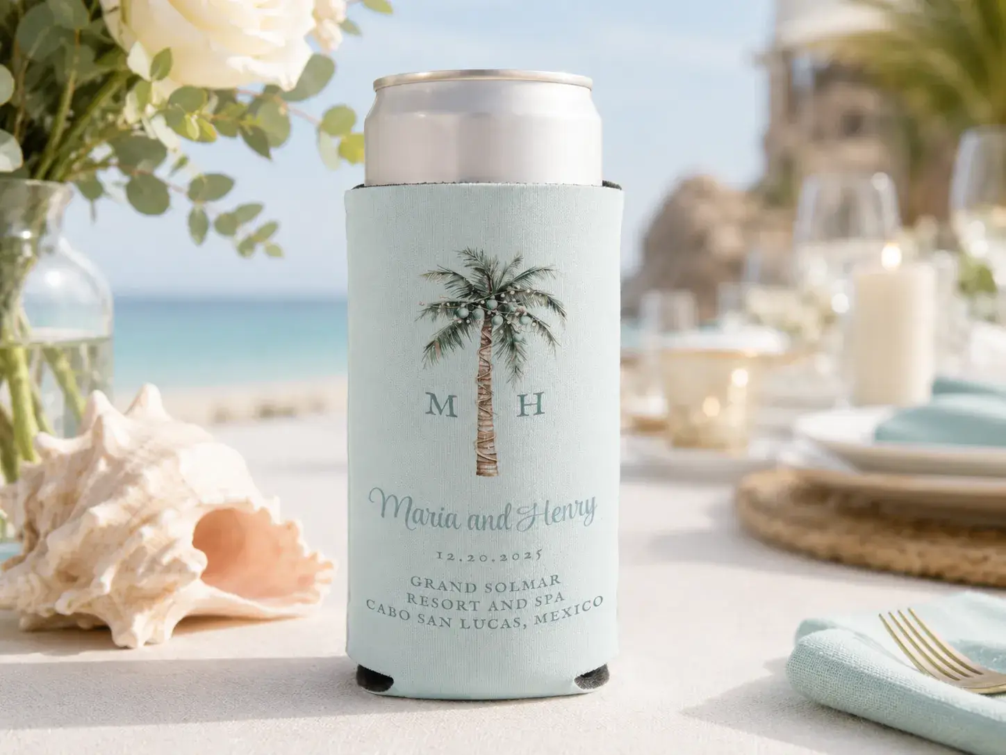 Custom 12oz slim can wedding koozie designed for hard seltzers, sparkling drinks, and slim cans.