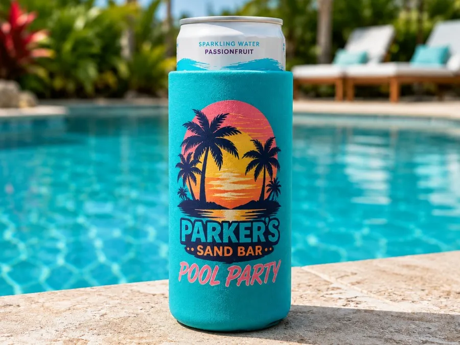 Custom 12oz slim can koozie with a tropical pool party design, shown beside a swimming pool for summer events and outdoor celebrations.