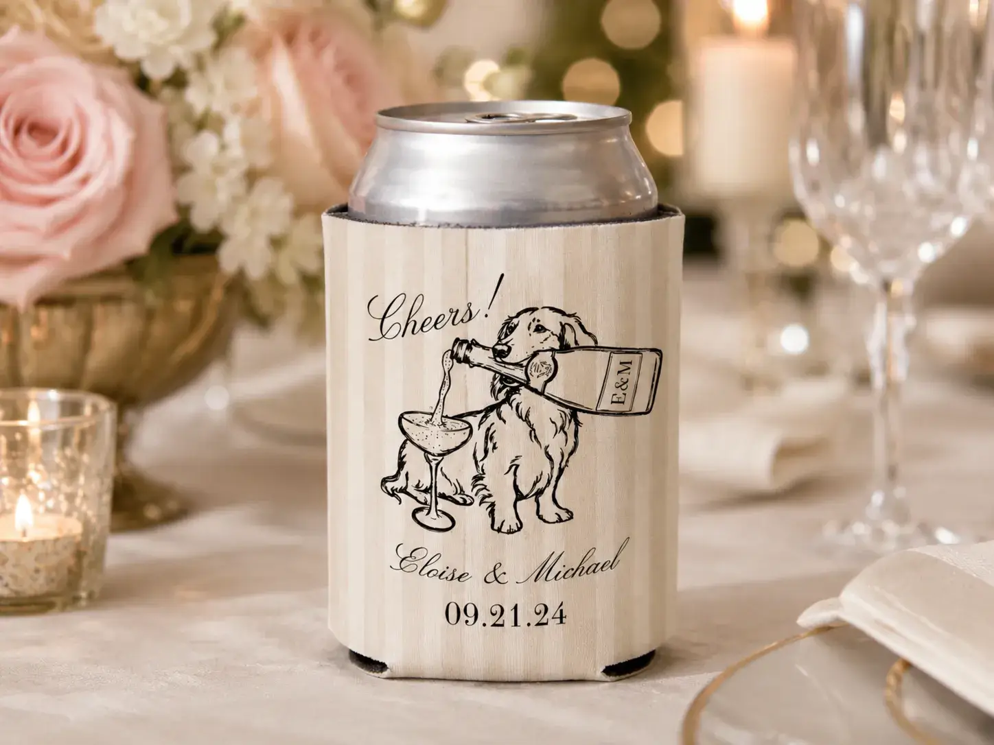 Custom 12oz standard can wedding koozie for beer, soda, and sparkling water at a wedding reception.