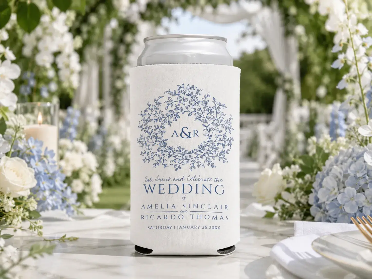 Custom 16oz tall can wedding koozie with personalized wedding design for larger beers and craft drinks.