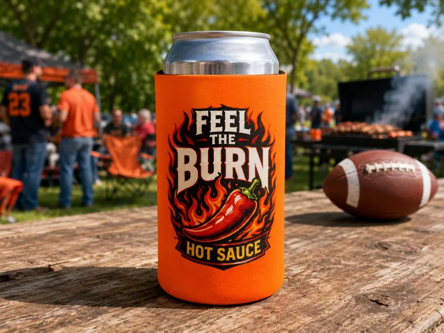 Custom 16oz tall can koozie with a bold hot sauce design, displayed at an outdoor football tailgate and barbecue party.