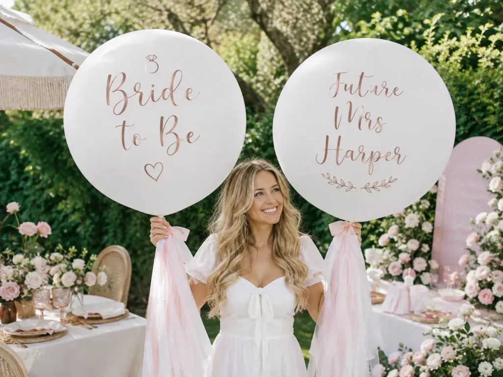 Bride-to-be holding large personalized wedding balloons at an outdoor bridal celebration.
