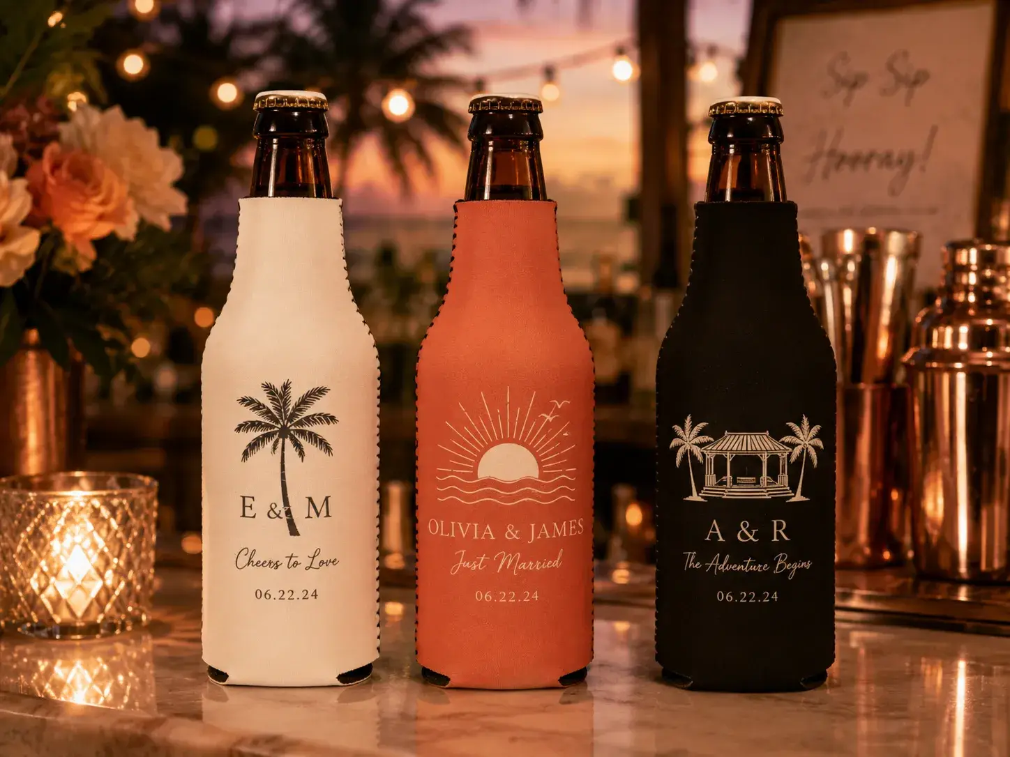 Custom bottle wedding koozies personalized for beer bottles and displayed in a warm wedding bar setting.