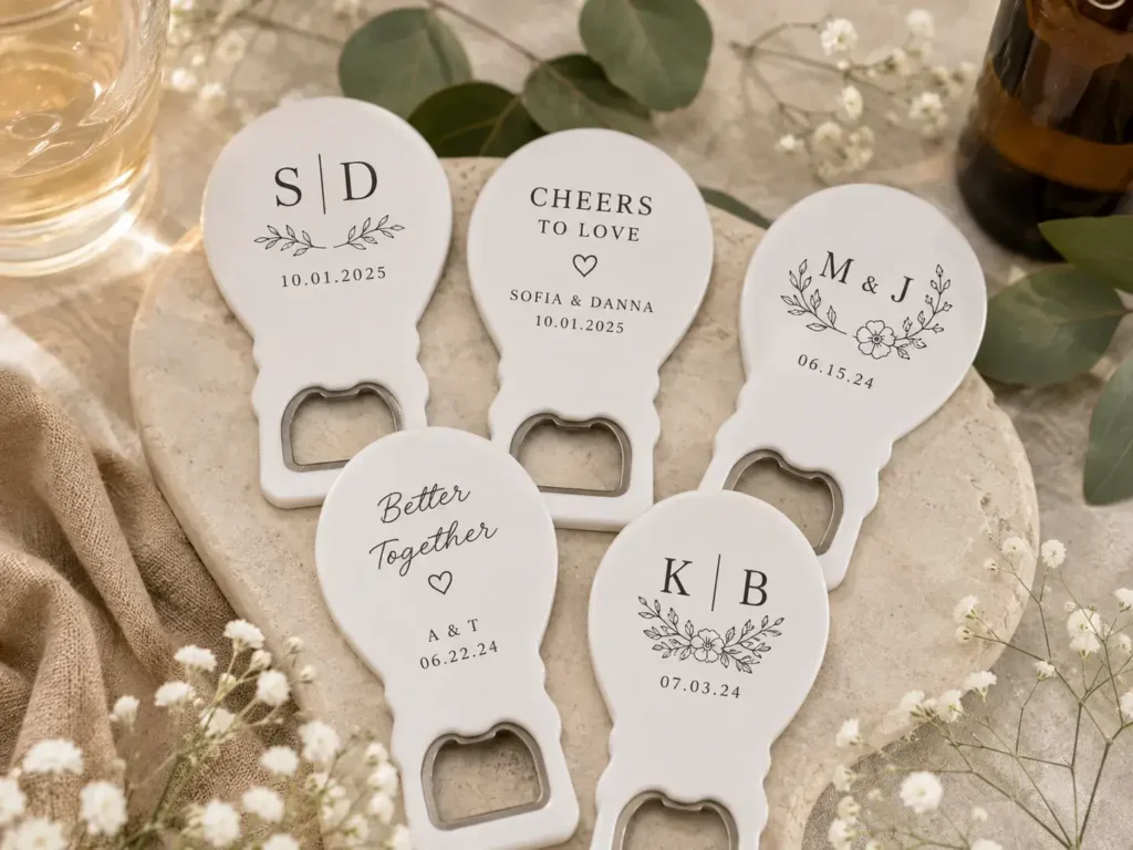 Personalized custom wedding bottle openers with couple initials, wedding dates, floral details, and sayings.