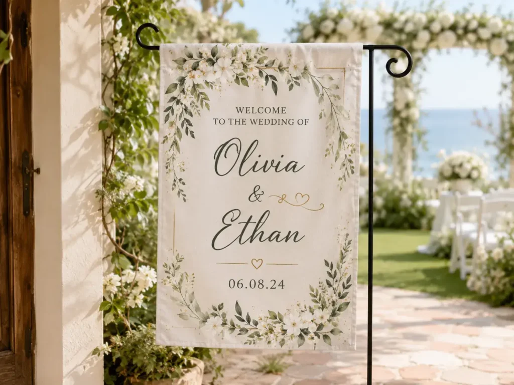 Custom wedding welcome flag personalized with couple names, wedding date, and elegant floral artwork.