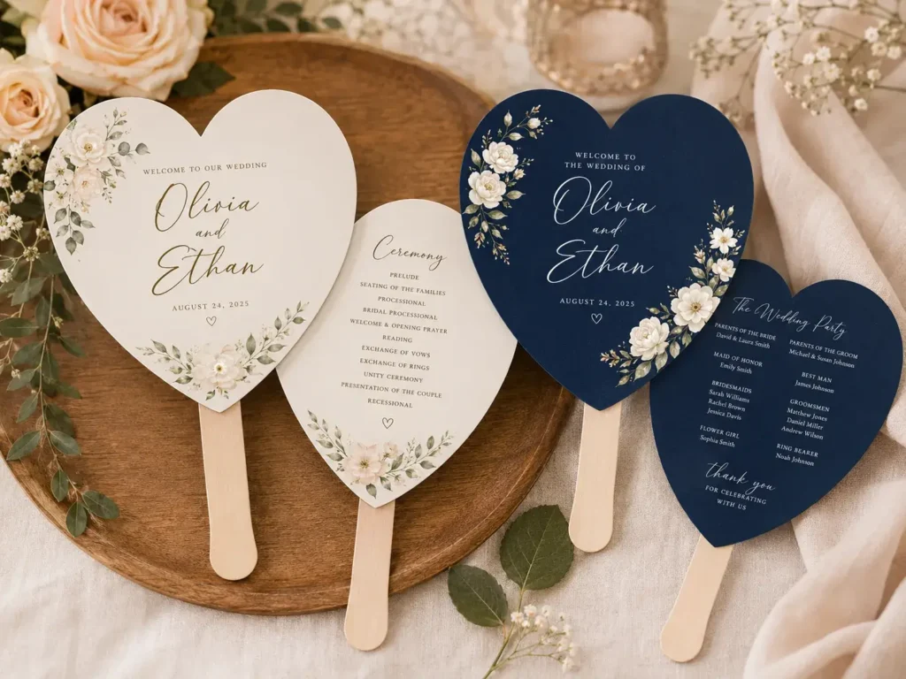 Custom heart-shaped wedding hand fans personalized with couple names, floral designs, and ceremony details.