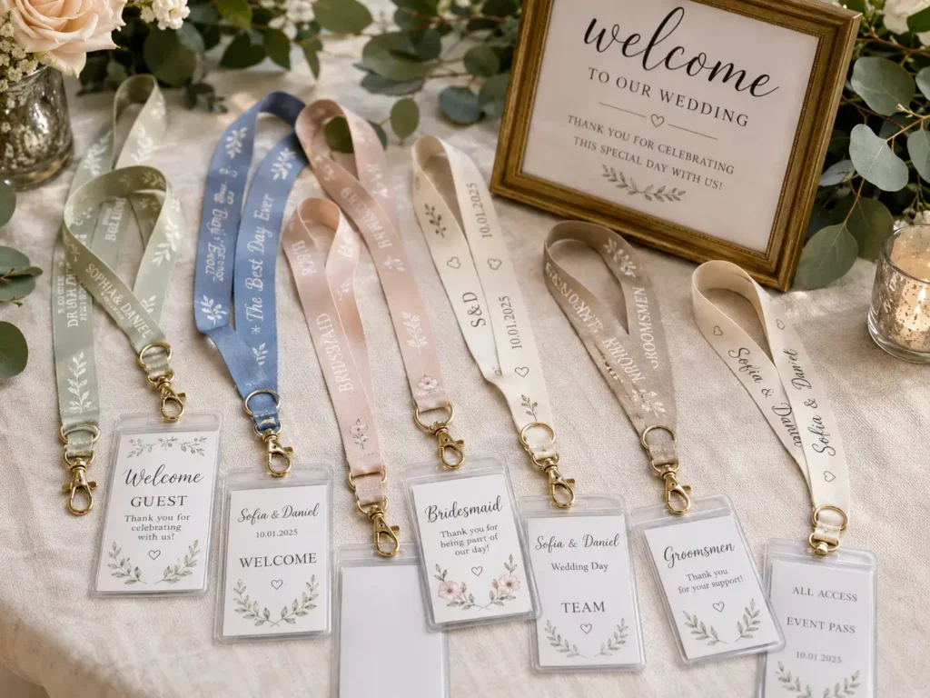 Custom wedding lanyards with personalized guest passes, bridesmaid and groomsmen designs.