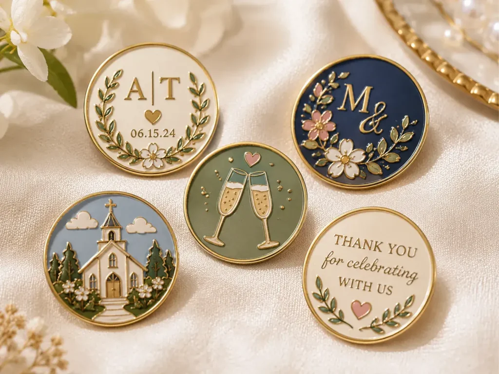 Custom wedding enamel pins with floral, monogram, champagne, church, and thank-you designs.