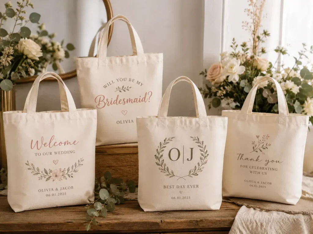 Personalized custom wedding tote bags for bridesmaids, welcome gifts, and wedding guest favors.