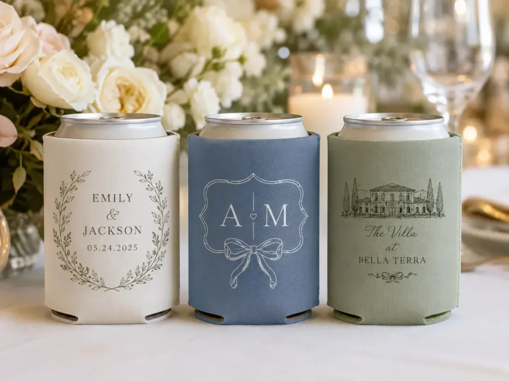 Personalized custom wedding koozies with couple names, monograms, and venue artwork in coordinated wedding colors.