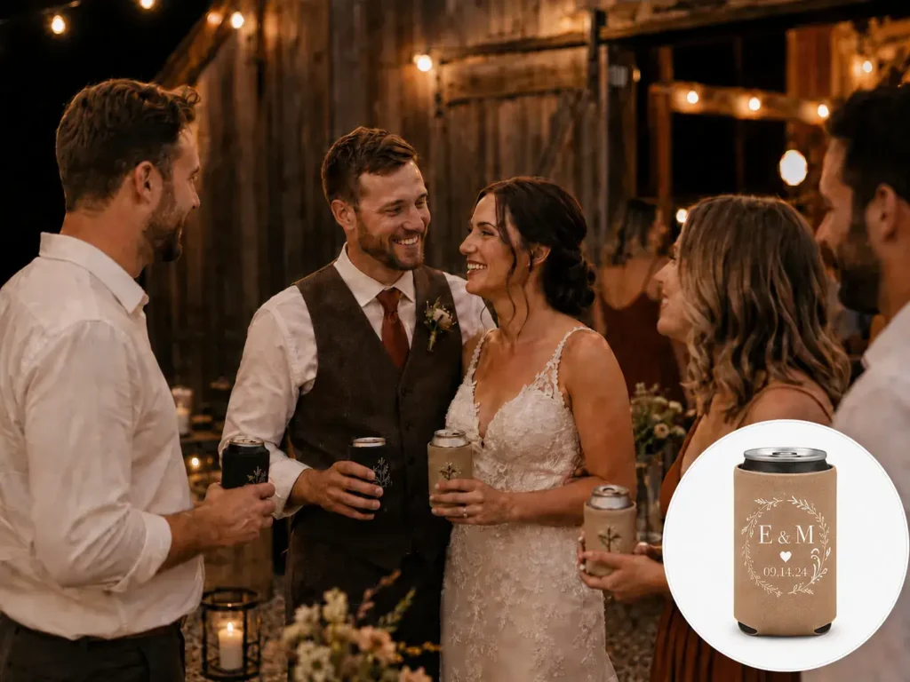 Bride, groom, and guests holding custom country wedding koozies at a warm rustic barn wedding reception.