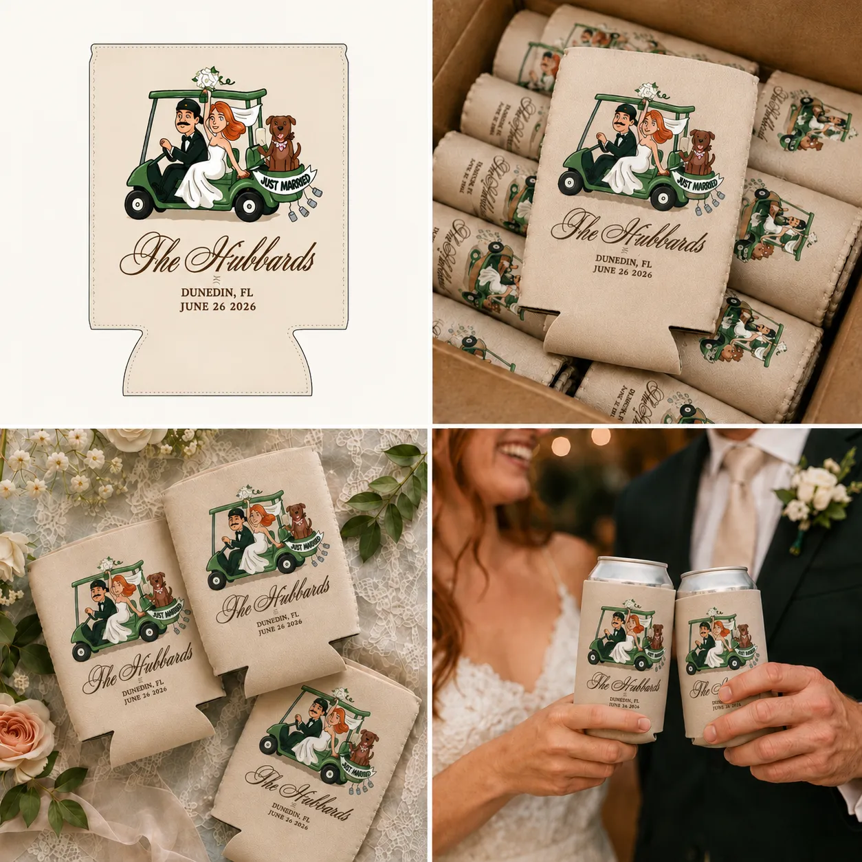 Custom wedding koozies with a personalized couple and dog illustration, shown from design proof to bulk production and wedding-day use.