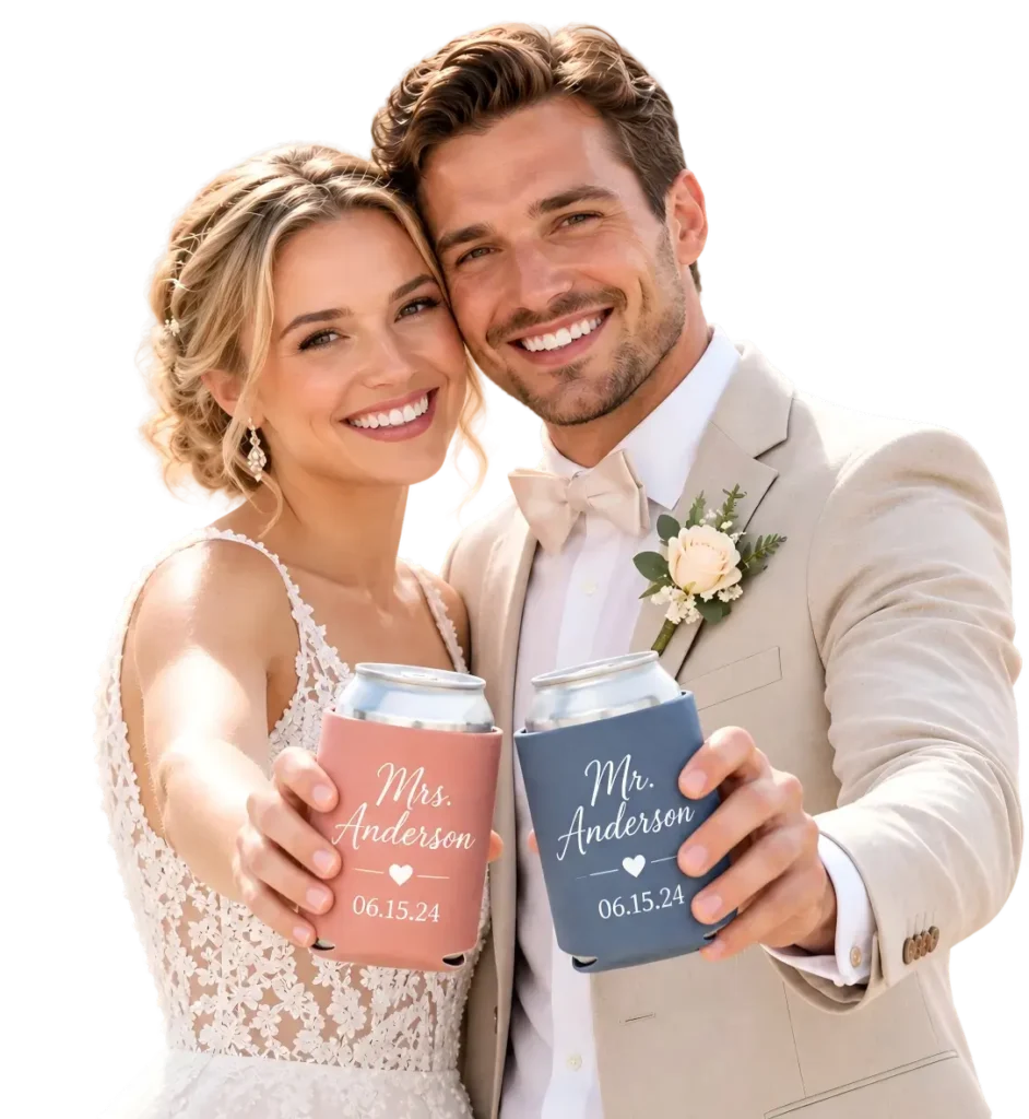 Happy bride and groom holding personalized custom wedding koozies with matching Mr. and Mrs. designs.