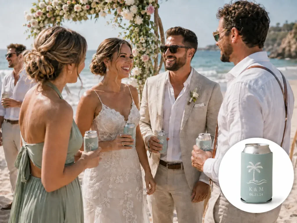 Bride and wedding guests enjoying custom beach wedding koozies at a relaxed seaside celebration.