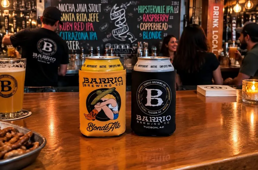 Custom beer koozies with brewery logo used for branded beer tasting events