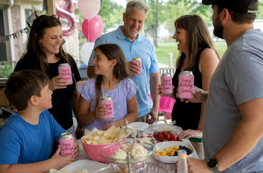 Custom birthday koozies personalized with names for a family celebration party