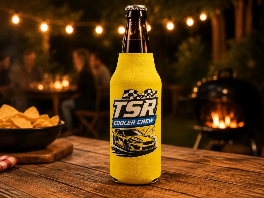 Custom bottle koozie with a racing-inspired printed design, keeping a beer bottle insulated during an evening backyard gathering.