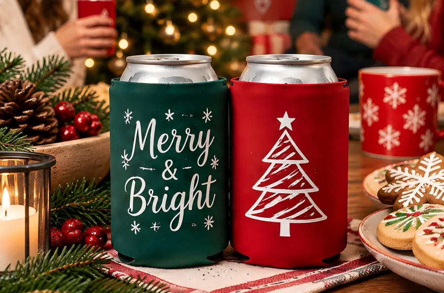 Custom Christmas koozies with holiday designs for seasonal parties and gatherings