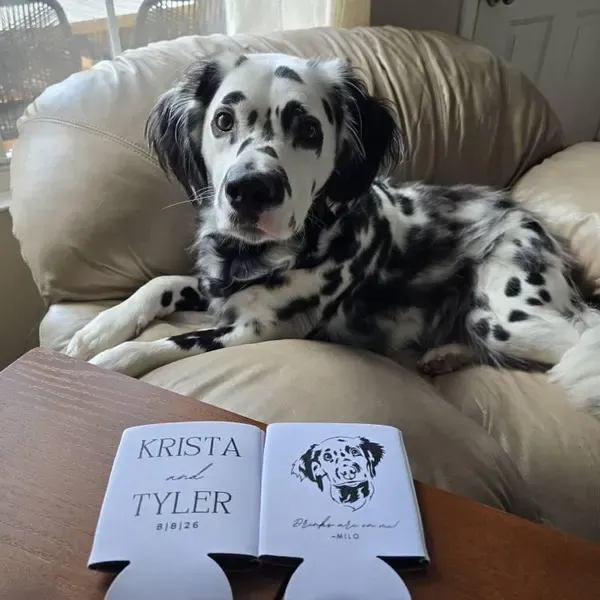 Customer photo of personalized custom koozies featuring a couple design and dog illustration.