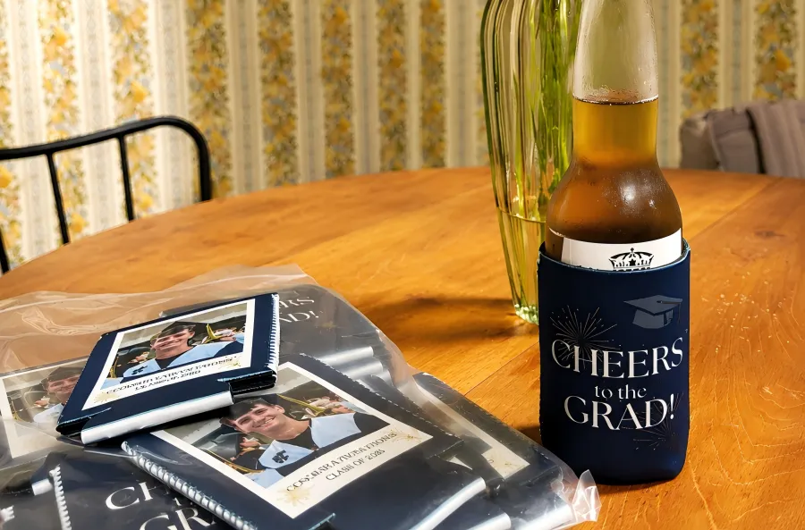 Custom graduation koozies with personalized designs for graduation celebrations