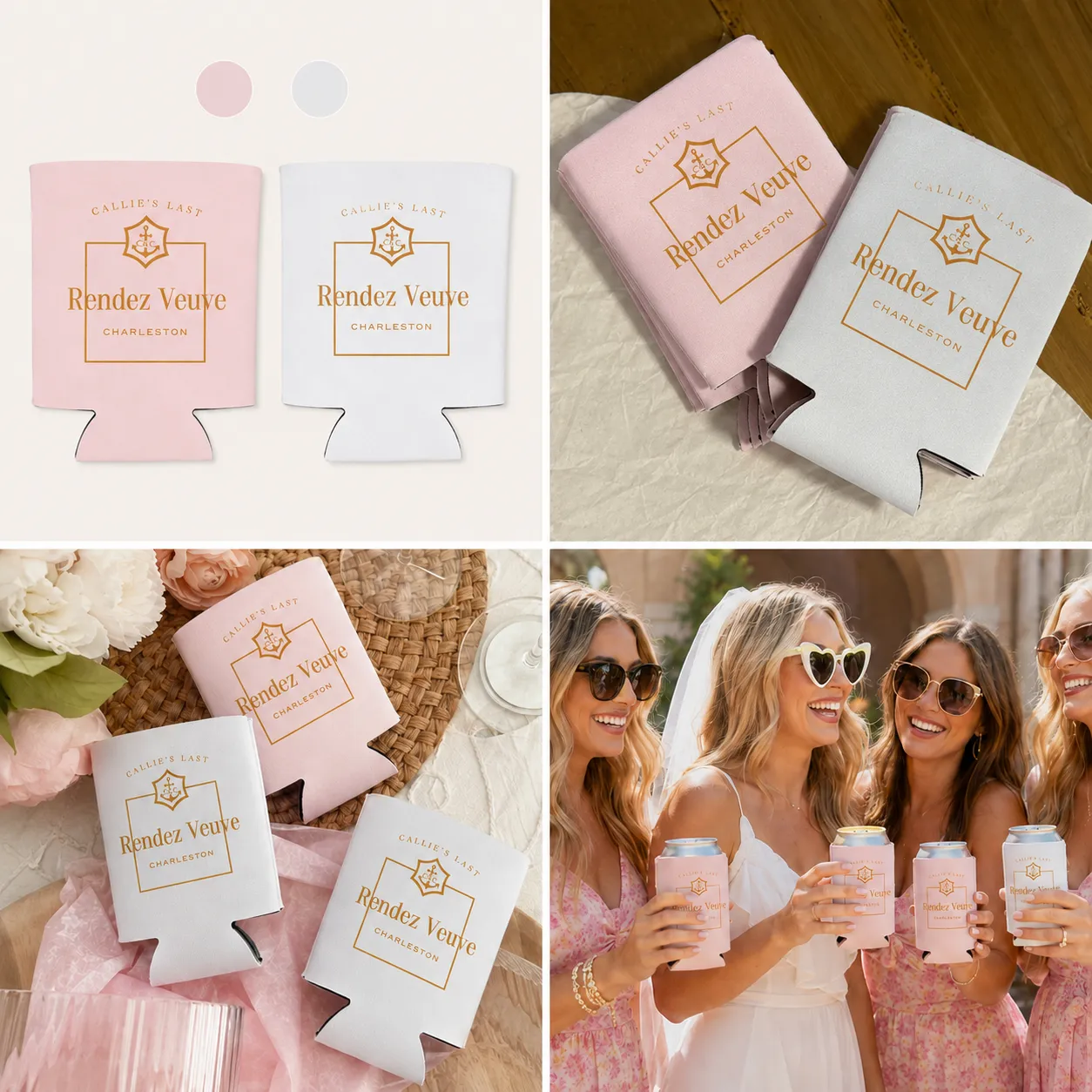 Custom koozies for a bachelorette party in pink and white, showing the personalized design, finished koozies, and friends celebrating together.