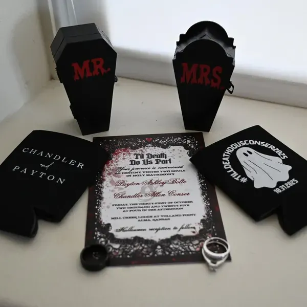 party.webp Customer photo of personalized custom koozies with themed party designs and event details.