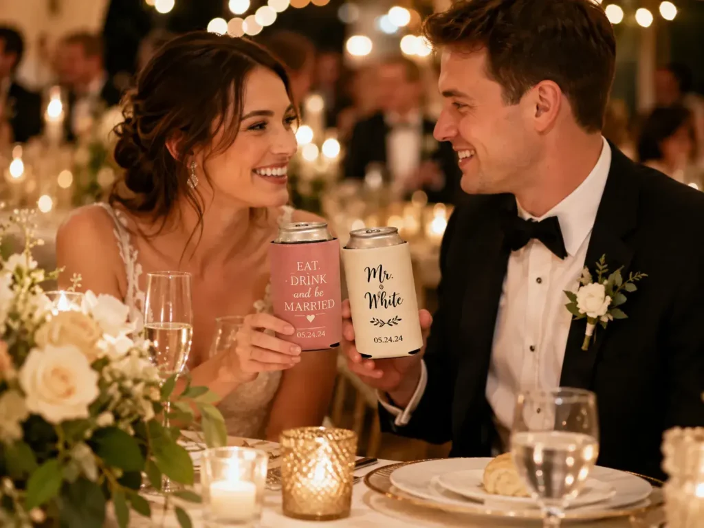 Bride and groom enjoying custom wedding koozies together during their wedding reception.
