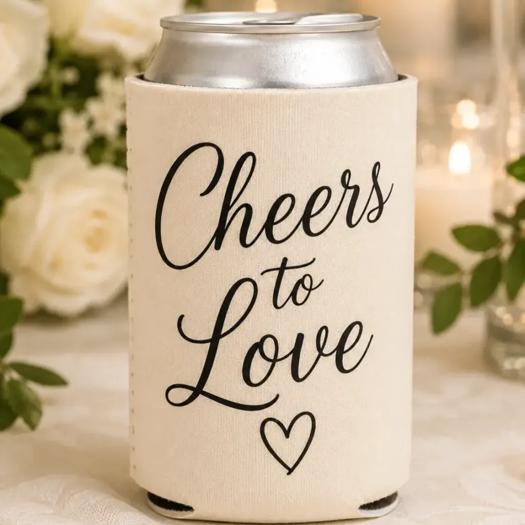 Custom koozie with the wedding saying Cheers to Love printed in black script.