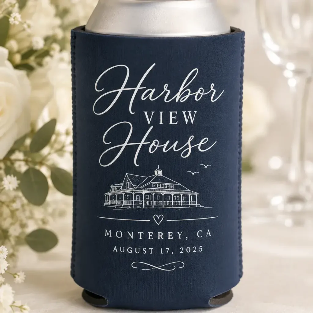 Custom wedding koozie featuring personalized venue artwork, location, and wedding date.