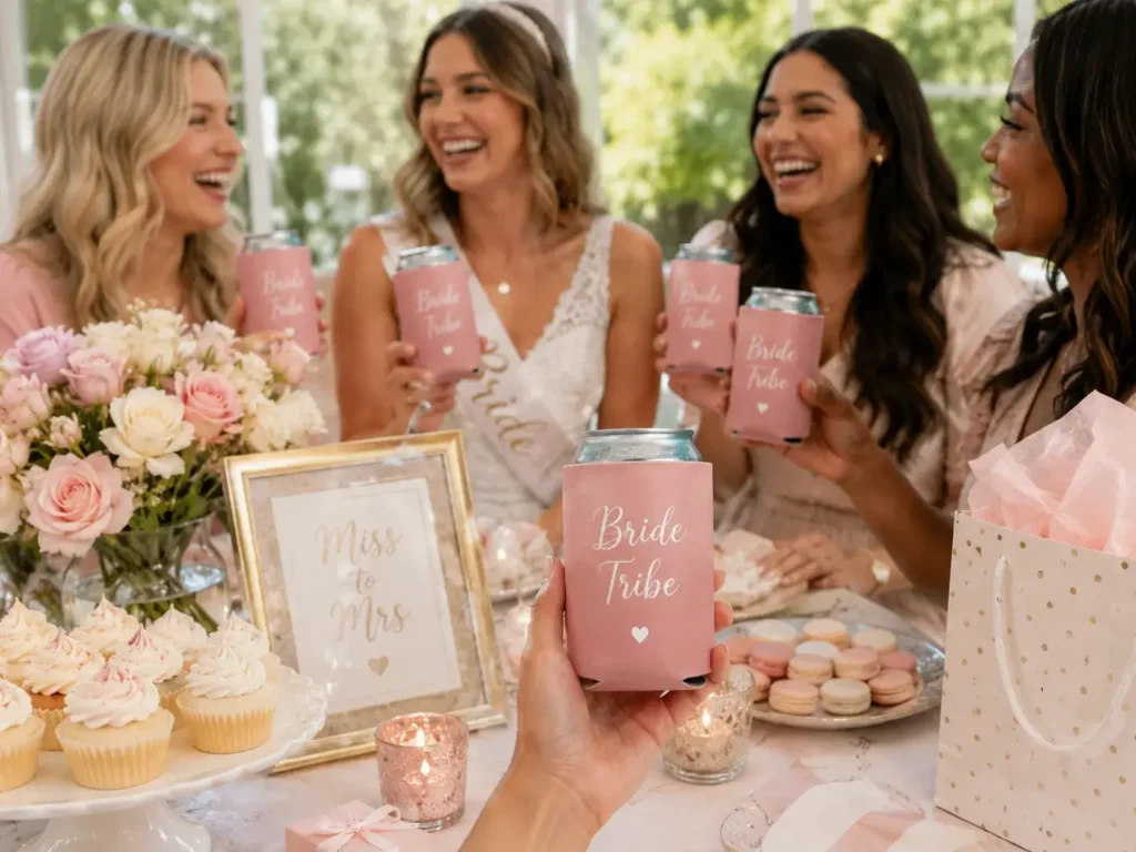Bride and friends celebrating a bridal shower with matching pink custom wedding koozies.