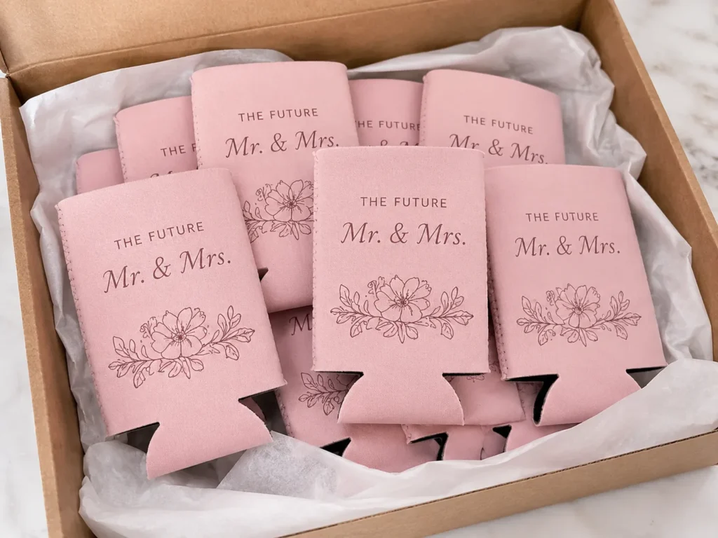 Finished pink custom wedding koozies packed in bulk after design approval and production.