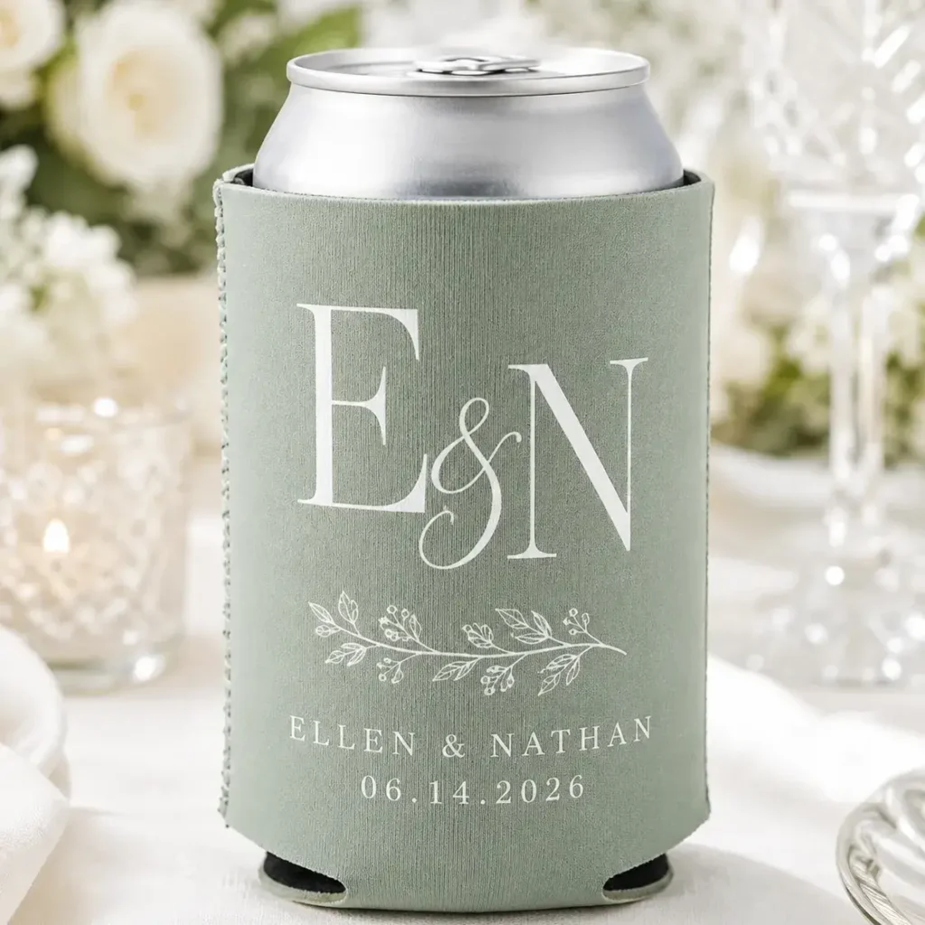 Personalized wedding koozie with the couple’s initials, names, floral details, and wedding date.