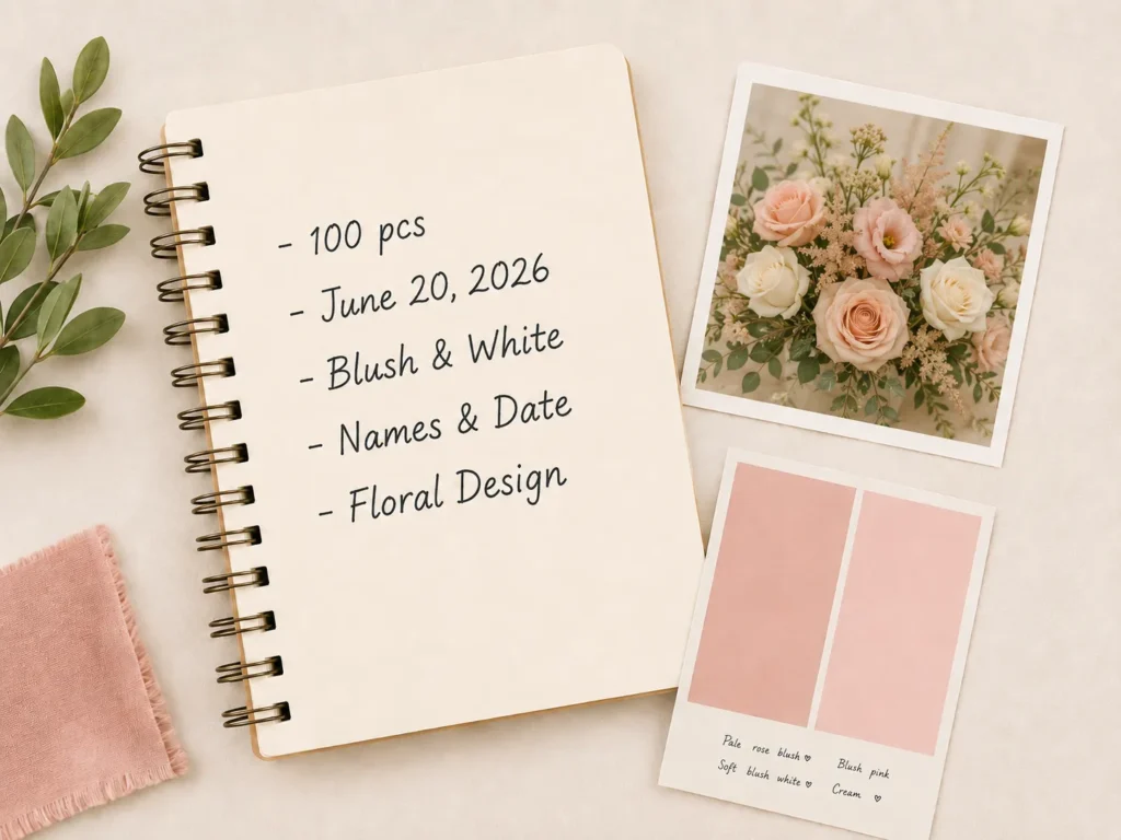 Wedding koozie design ideas showing quantity, wedding date, blush colors, and floral inspiration.