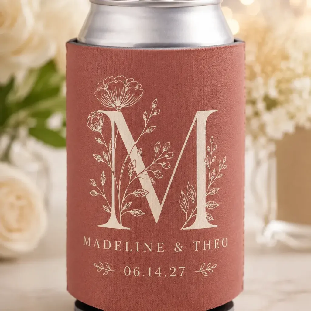 Custom wedding koozie featuring a floral monogram