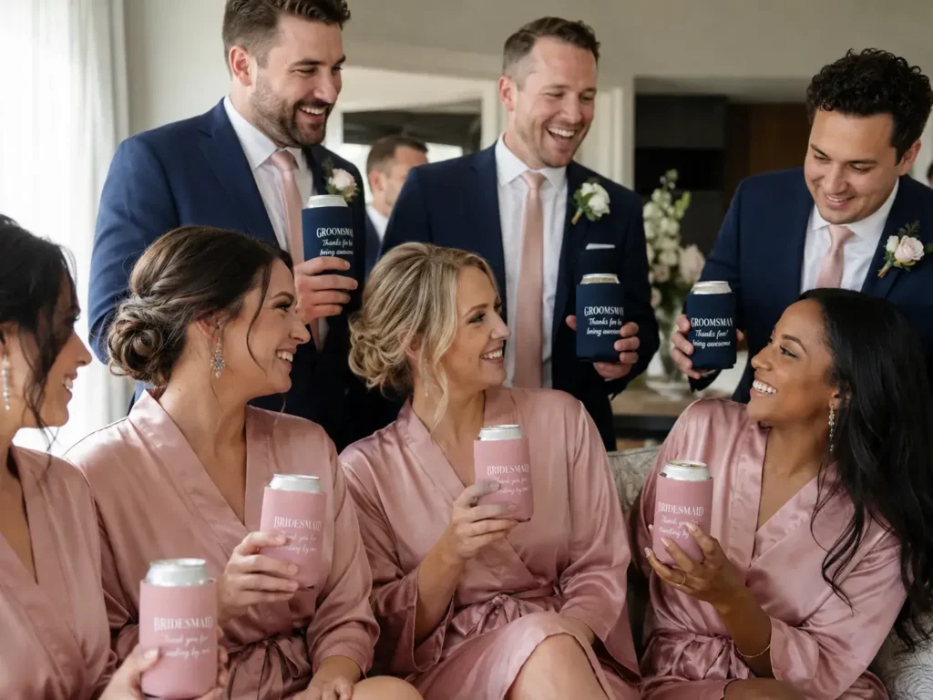 Bridesmaids and groomsmen enjoying personalized custom wedding koozies together before the wedding.