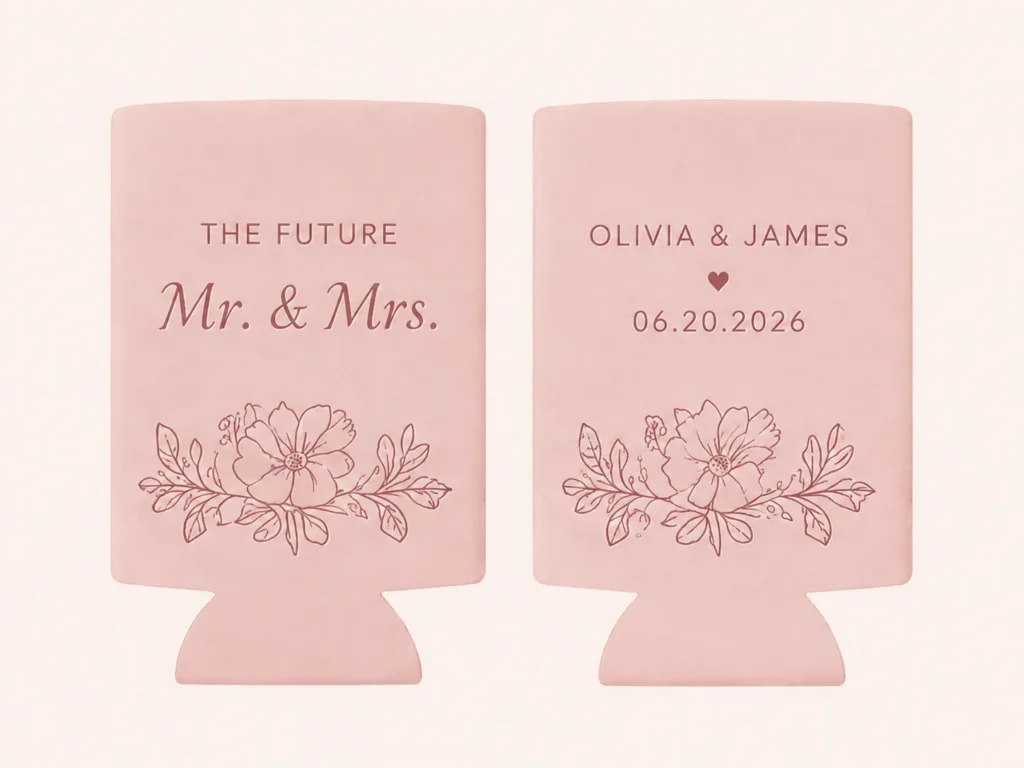 Free custom wedding koozie mock-up showing personalized front and back designs with names, date, and floral artwork.