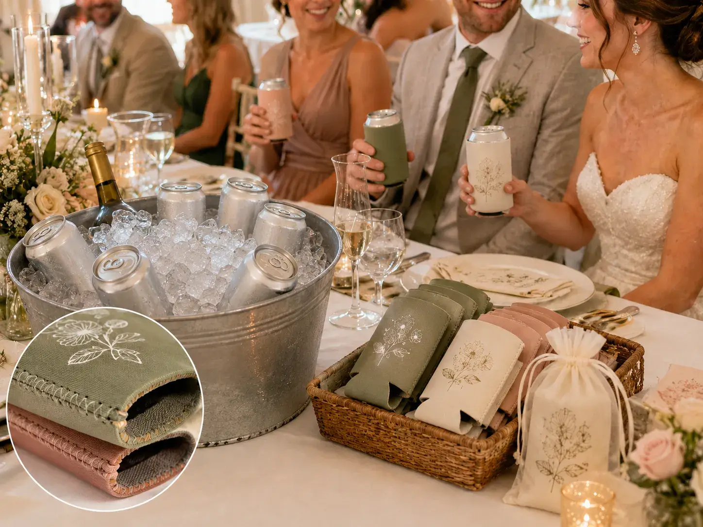 Custom wedding koozies displayed at a wedding reception with guests holding drinks and personalized can coolers arranged in a basket.