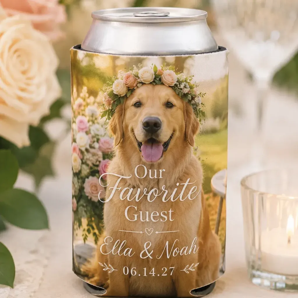 Custom wedding koozie with a full-color dog photo and personalized couple names and wedding date.
