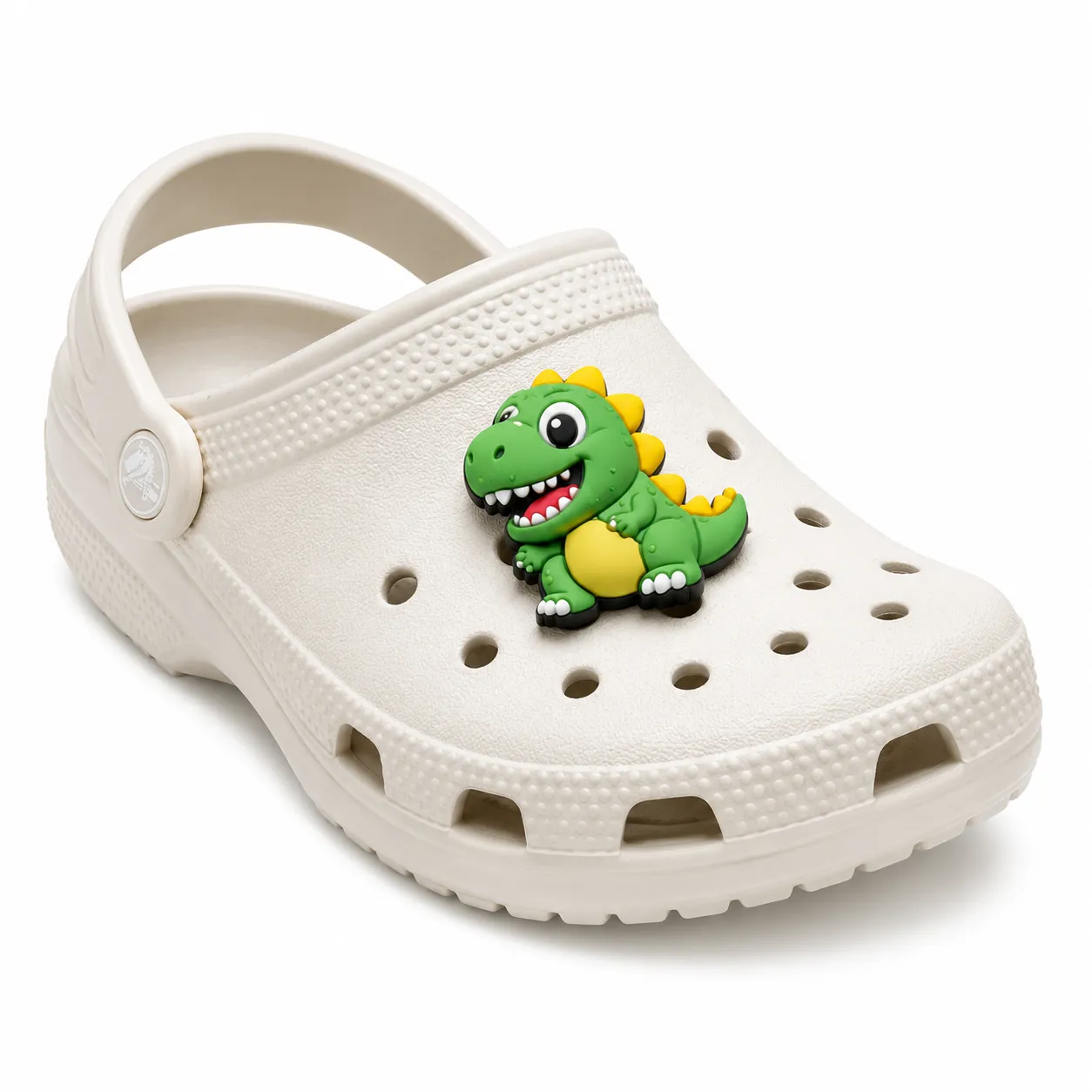 White Crocs with custom 3D dinosaur shoe charm