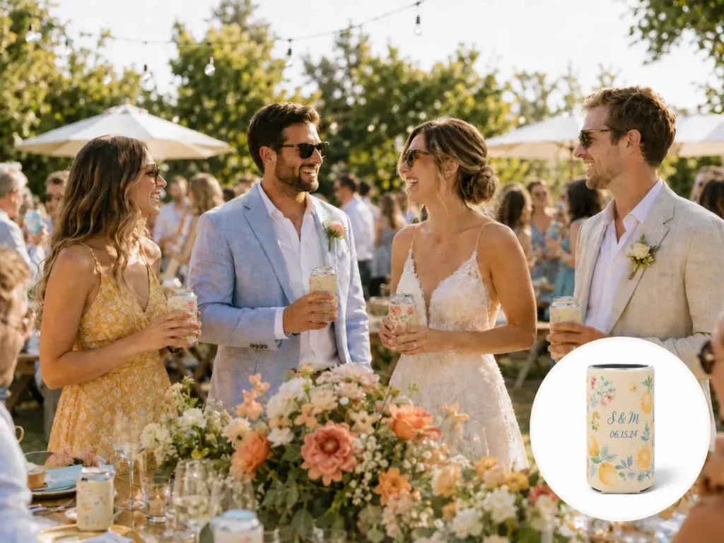 Bride and guests holding customized wedding koozies during a bright outdoor summer wedding reception.