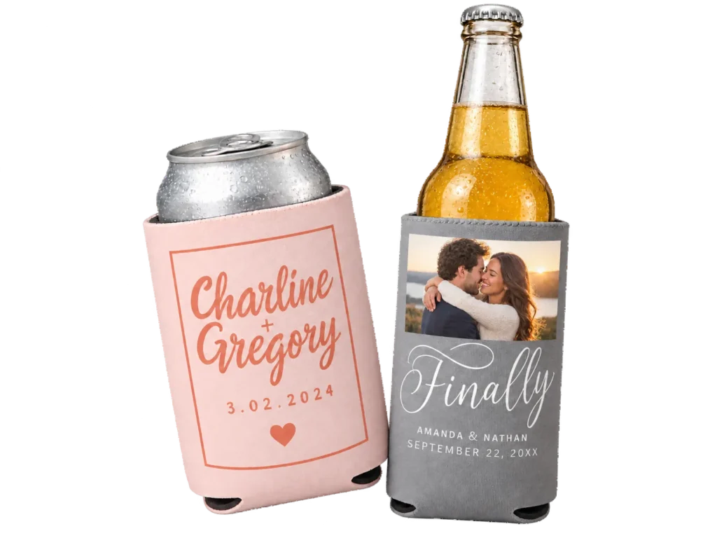 Custom wedding koozies with a personalized couple photo, names, and wedding details.