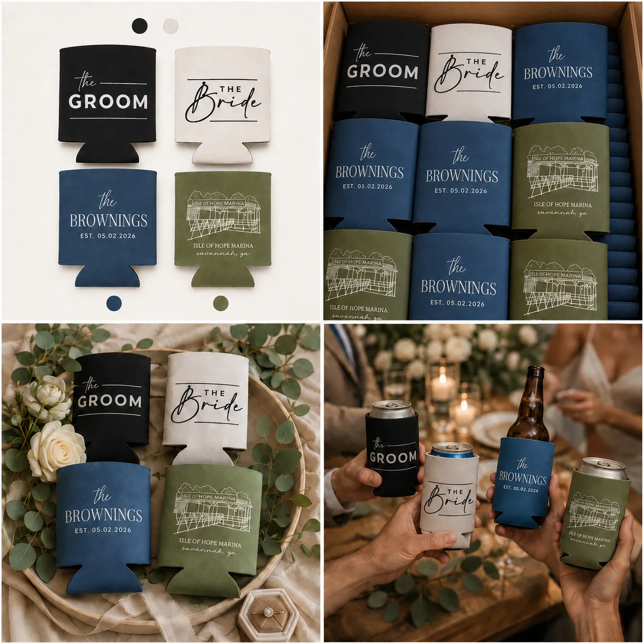 Personalized wedding koozies featuring custom venue artwork, Bride and Groom designs, and matching bulk koozies used at the wedding reception.