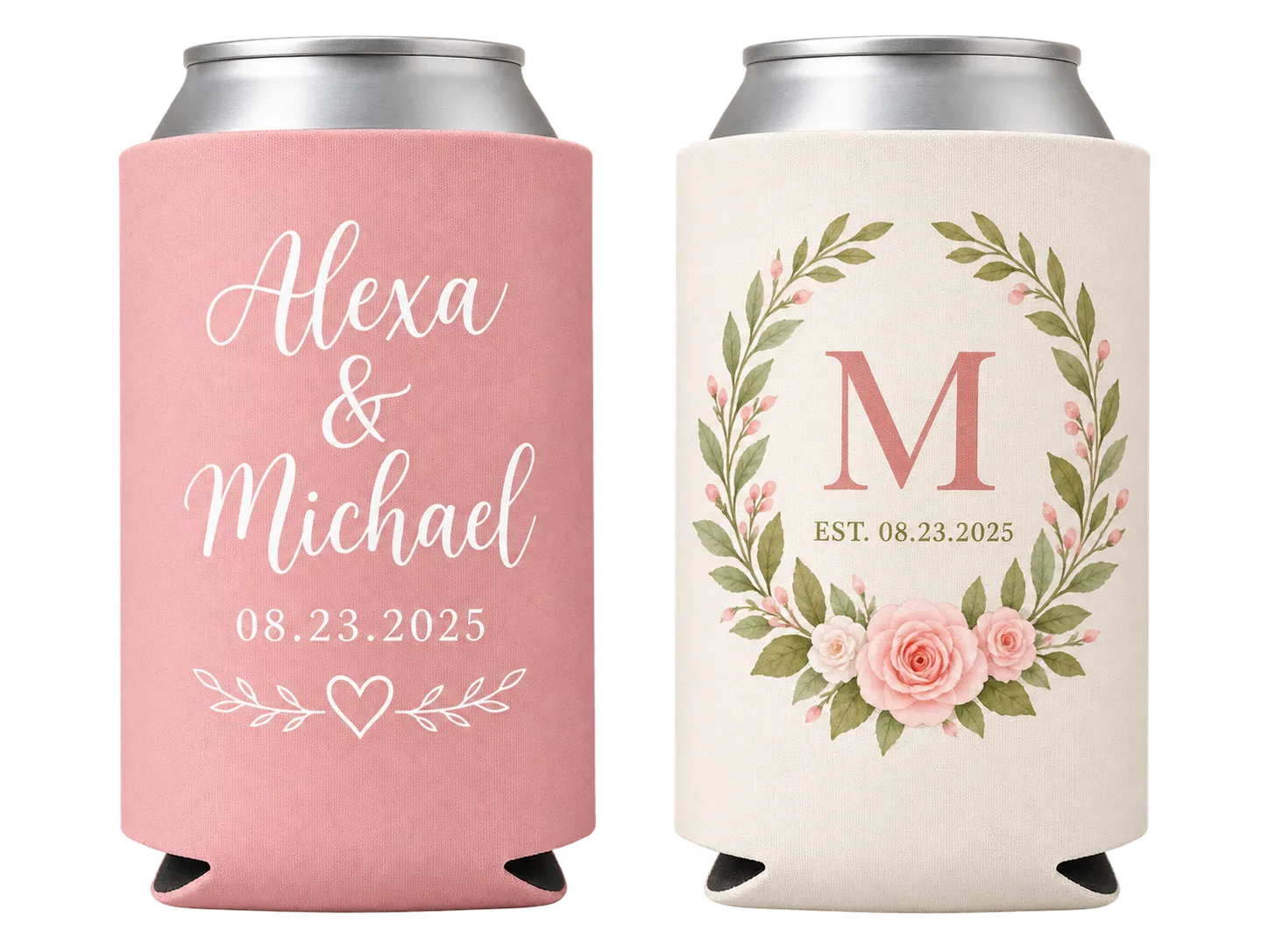 Two personalized custom wedding koozies with couple names, wedding date, floral monogram, and blush wedding designs.