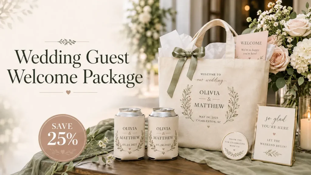 Wedding Guest Welcome Package with personalized wedding favors, custom koozies and tote bag, featuring 25% savings.